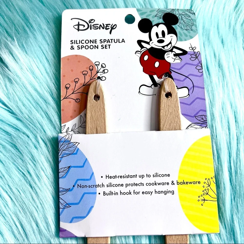 Disney Mickey Floral Silicone Spatula & Spoon Set Wooden Handles